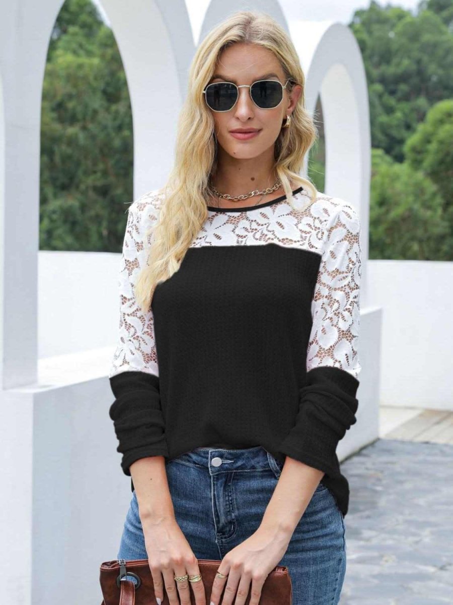 Waffle-Knit Lace Round Neck Long Sleeve T-Shirt - Love Salve
