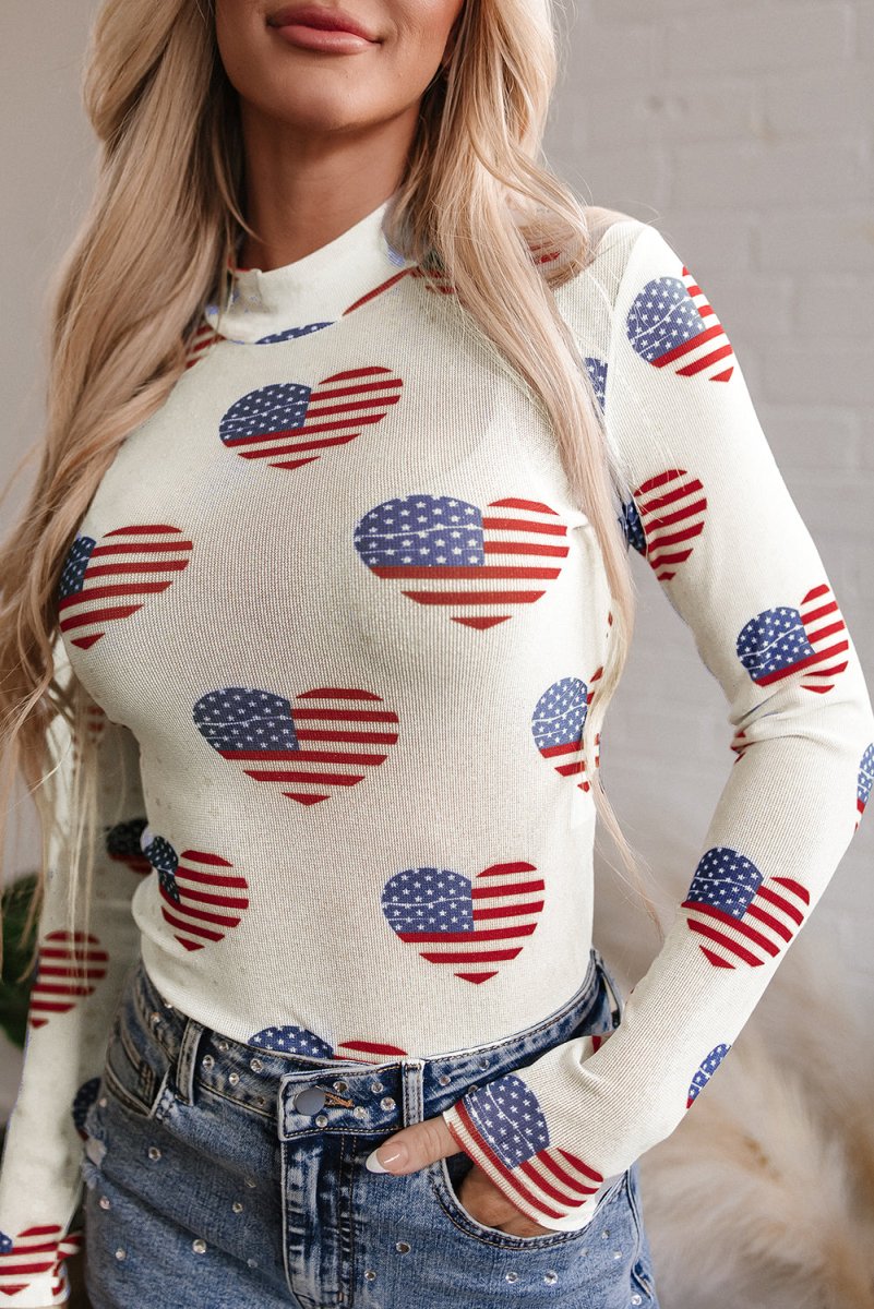 White Americana Glitter Mesh Long Sleeve Bodysuit for Women - Love Salve