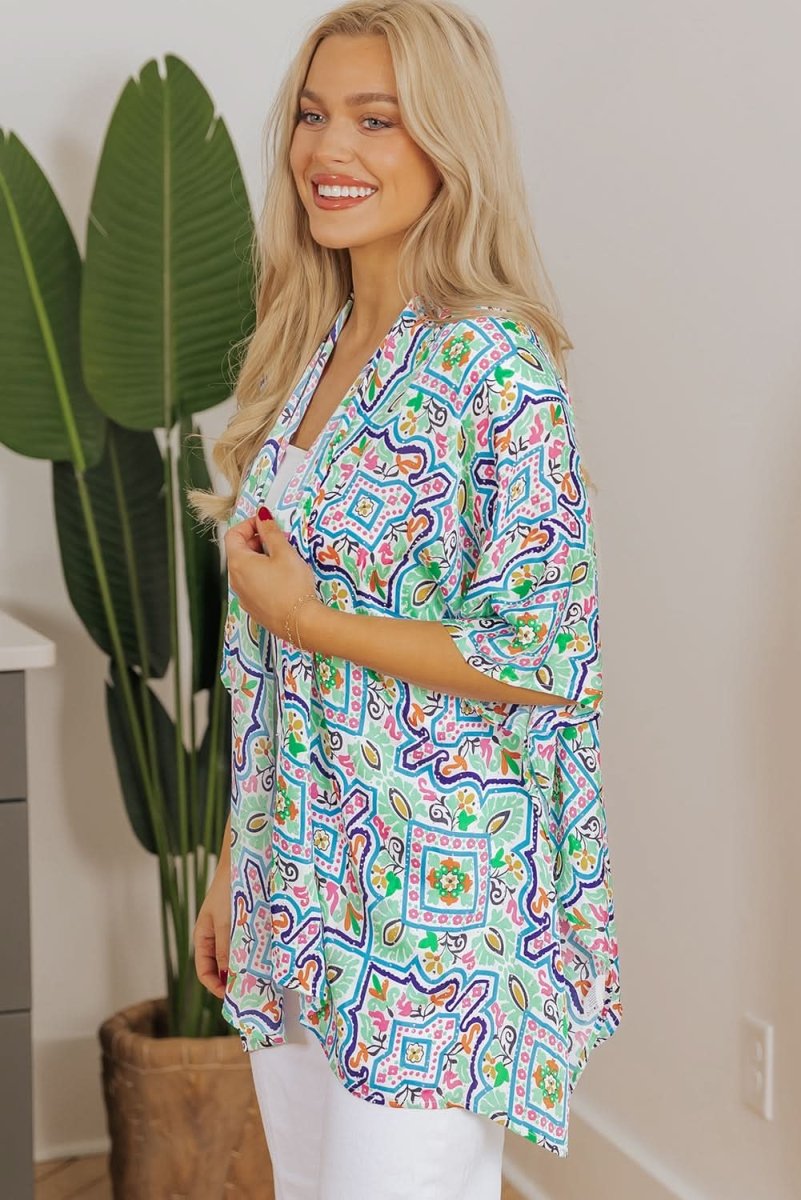 White Bohemian Floral Rhinestone Embellished Kimono with 3/4 Sleeves - Love Salve