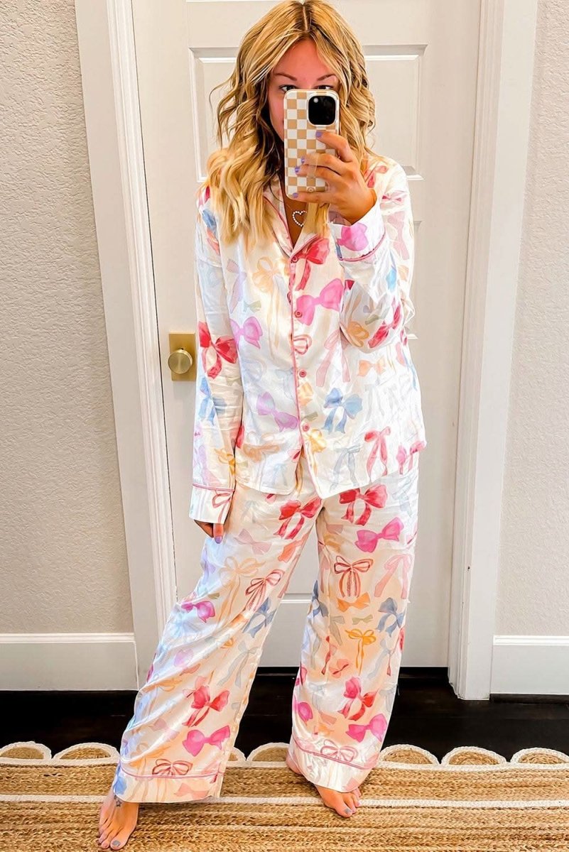 White Bow Knot Print Lapel Collar Wide Leg Satin Pajama Set - Love Salve