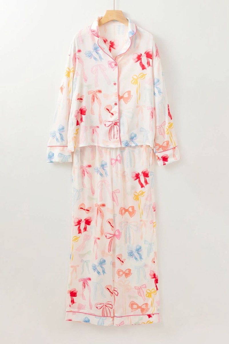 White Bow Knot Print Lapel Collar Wide Leg Satin Pajama Set - Love Salve