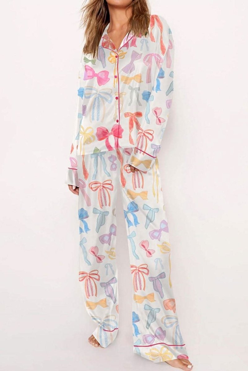 White Bow Knot Print Lapel Collar Wide Leg Satin Pajama Set - Love Salve
