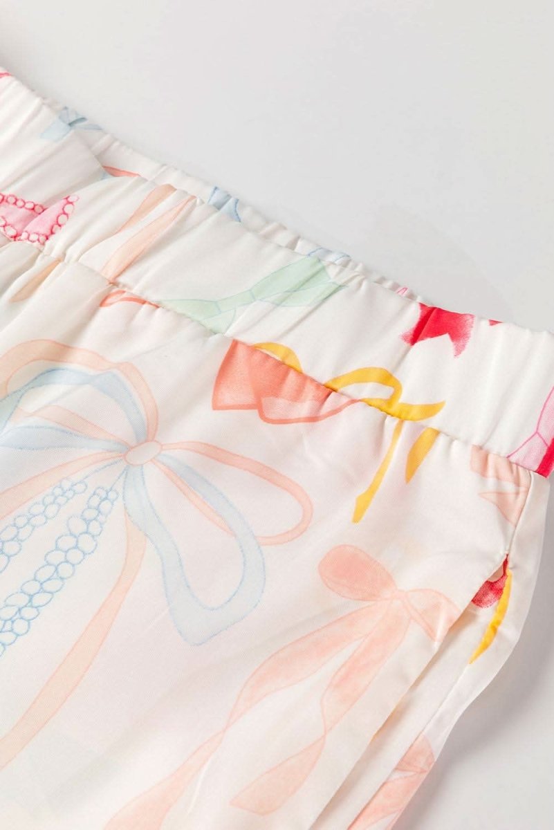 White Bow Knot Print Lapel Collar Wide Leg Satin Pajama Set - Love Salve