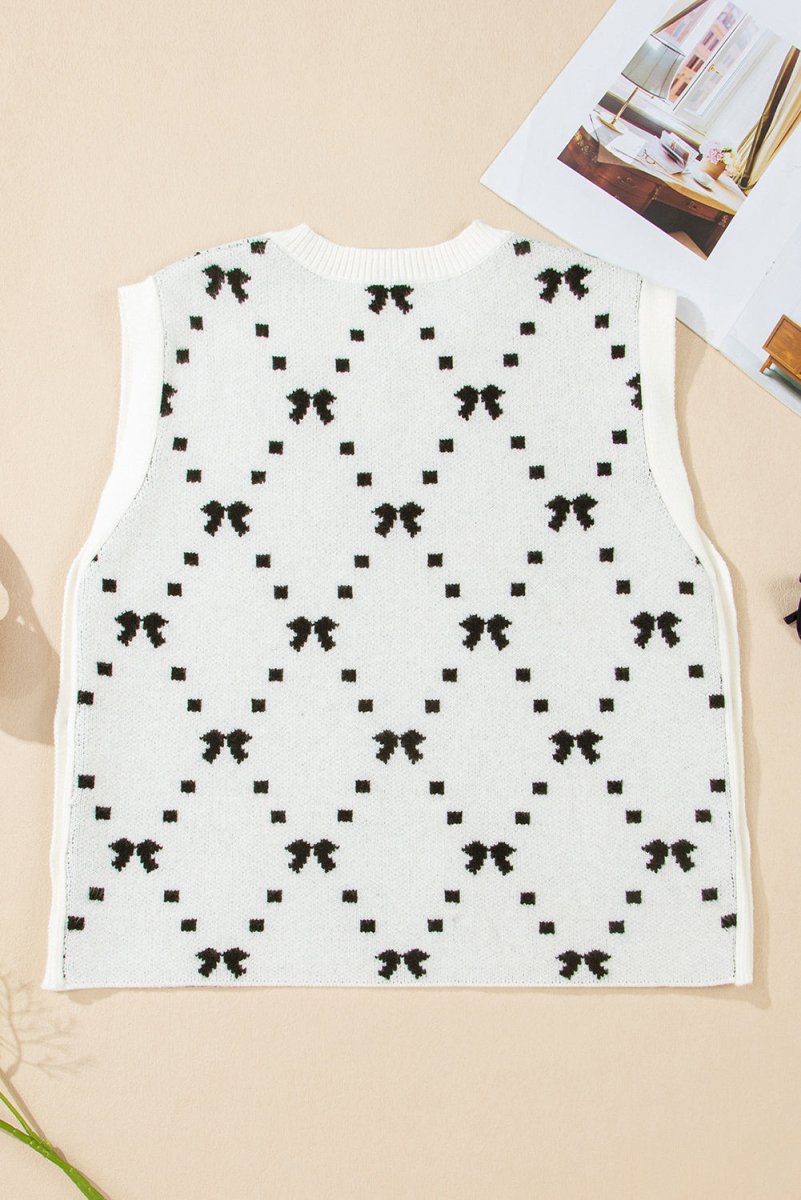White Bow Pattern Buttoned Side Cropped Sweater Vest for Women - Love Salve
