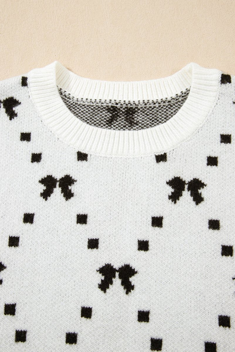 White Bow Pattern Buttoned Side Cropped Sweater Vest for Women - Love Salve