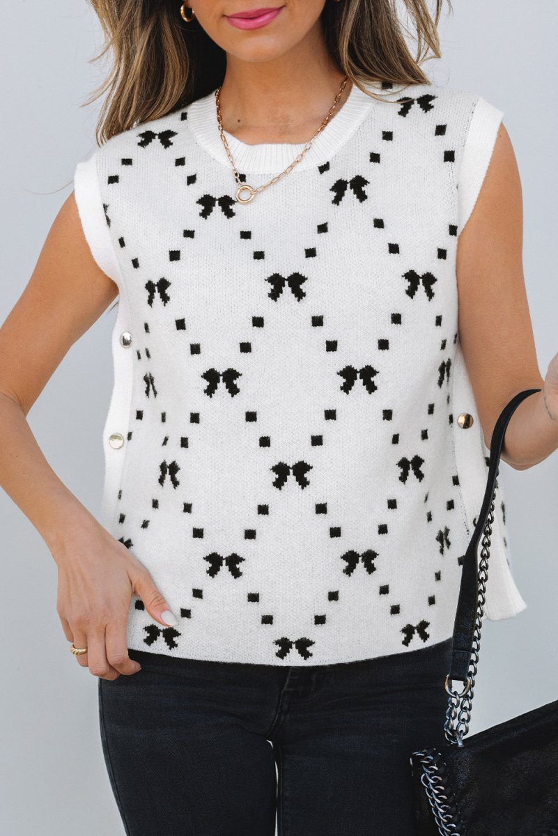White Bow Pattern Buttoned Side Cropped Sweater Vest for Women - Love Salve