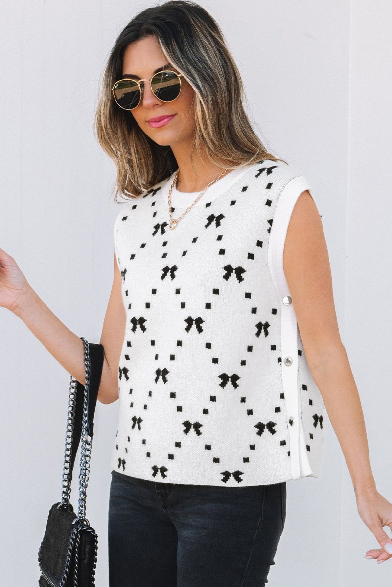 White Bow Pattern Buttoned Side Cropped Sweater Vest for Women - Love Salve