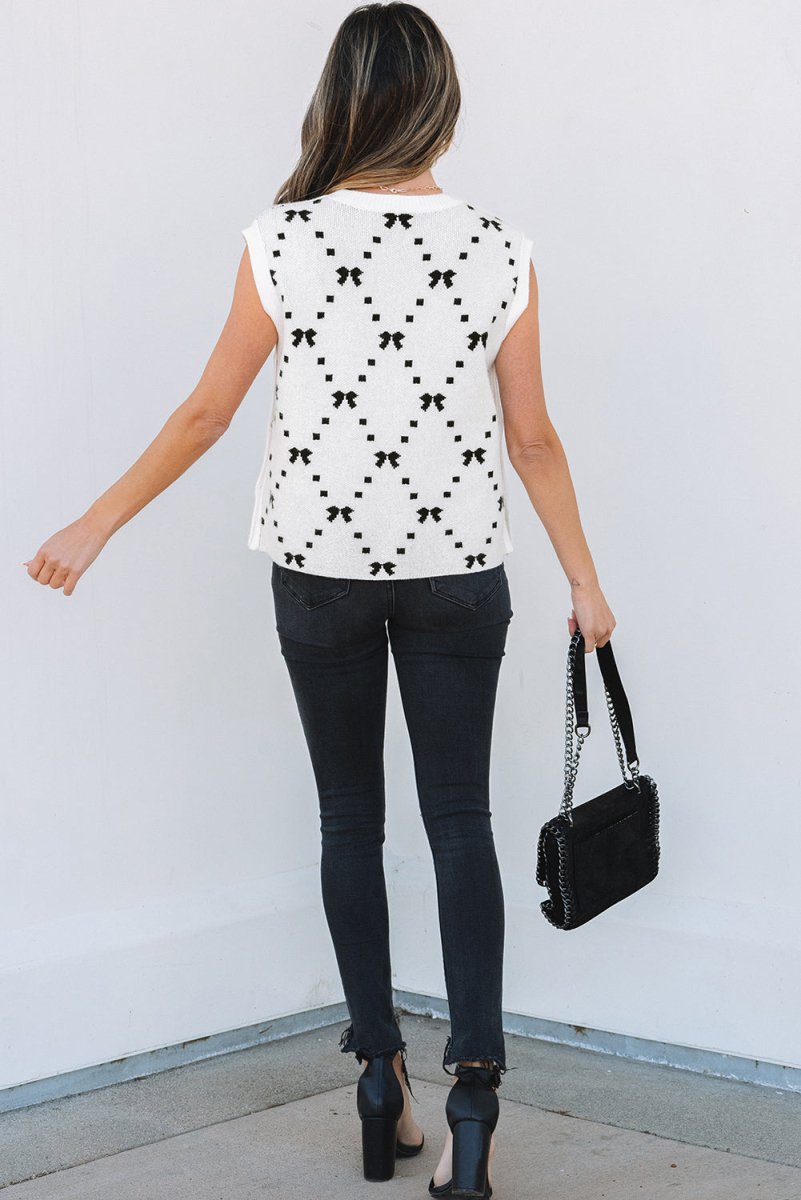 White Bow Pattern Buttoned Side Cropped Sweater Vest for Women - Love Salve