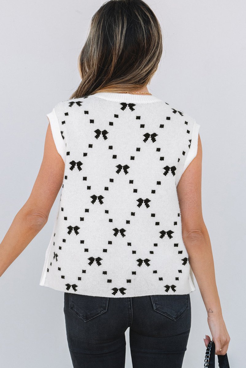 White Bow Pattern Buttoned Side Cropped Sweater Vest for Women - Love Salve
