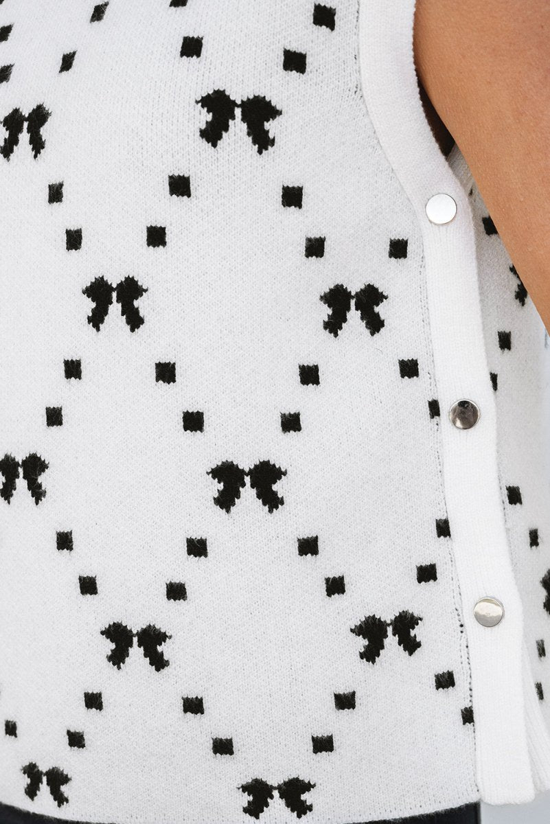 White Bow Pattern Buttoned Side Cropped Sweater Vest for Women - Love Salve