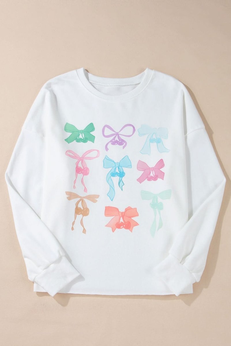 White Bowknot Pattern Drop Shoulder Loose Sweatshirt - Love Salve
