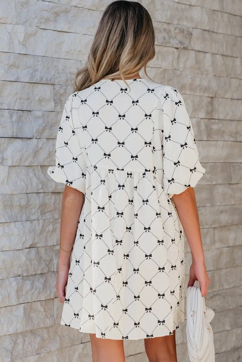 White Bowtie Pattern Textured Puff Half Sleeve Mini Dress - Love Salve