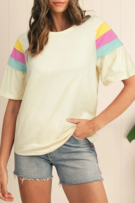 White Color Block Stitched Sleeve Loose T Shirt for Women - Love Salve