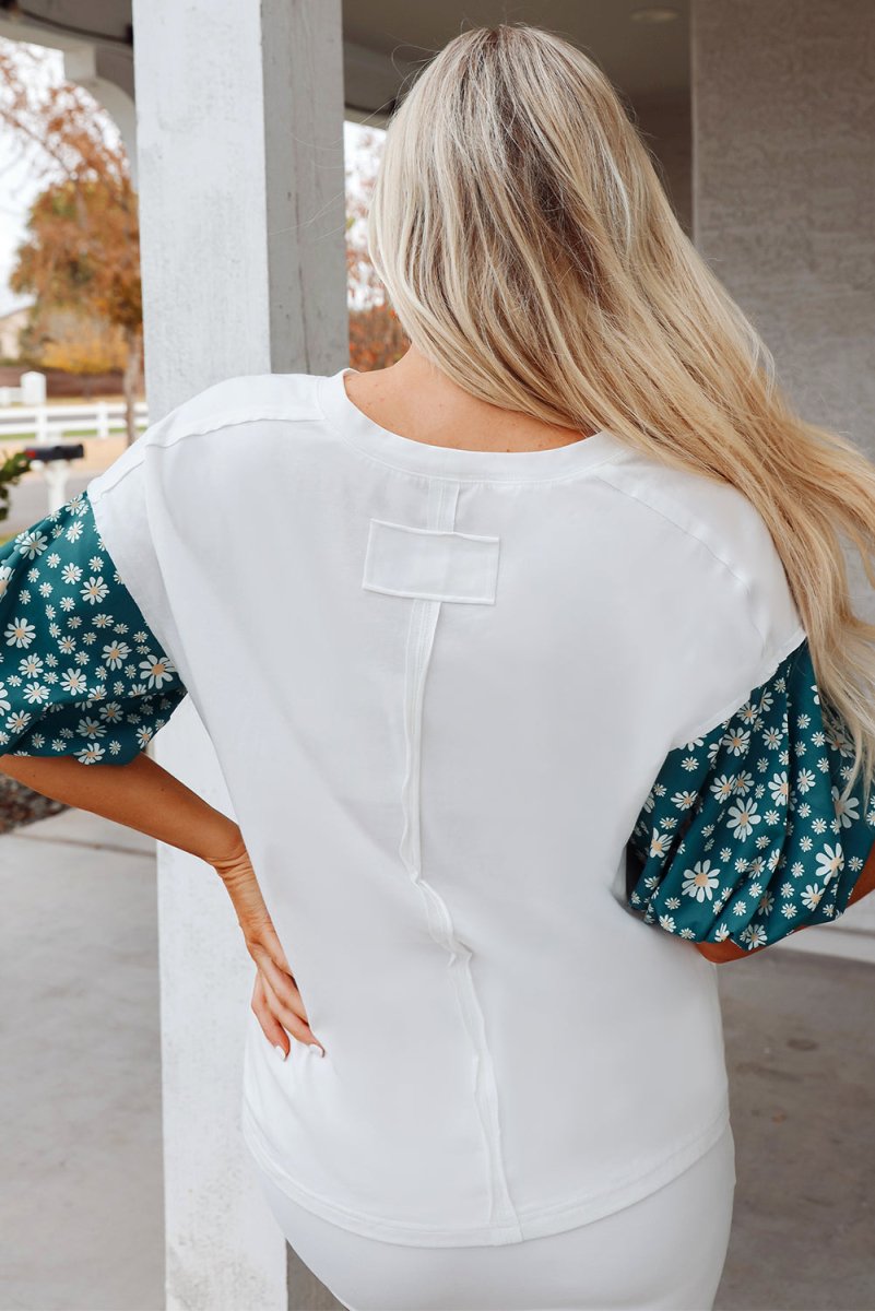 White Contrast Floral Puff Sleeve Oversized Top for Women - Love Salve