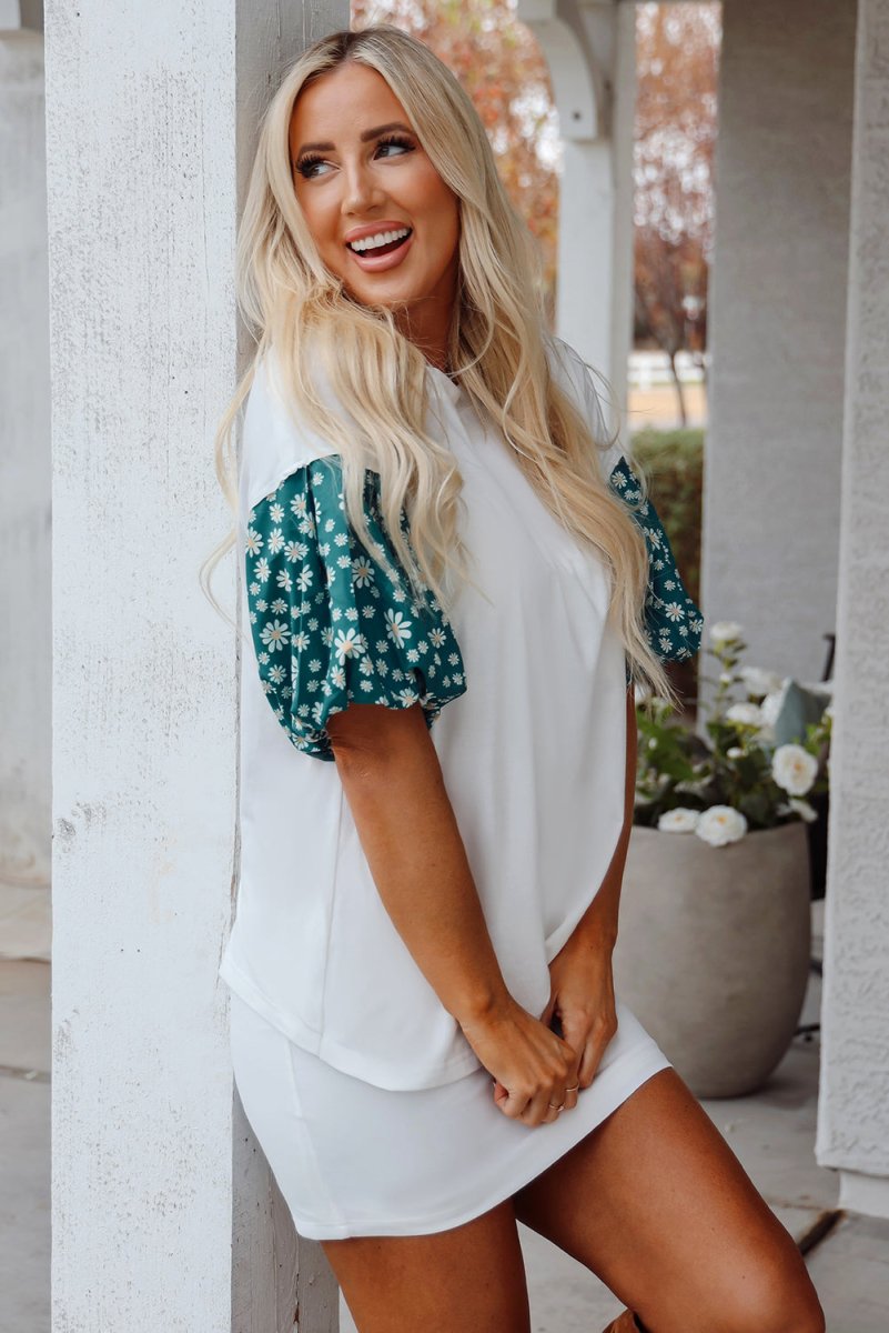 White Contrast Floral Puff Sleeve Oversized Top for Women - Love Salve