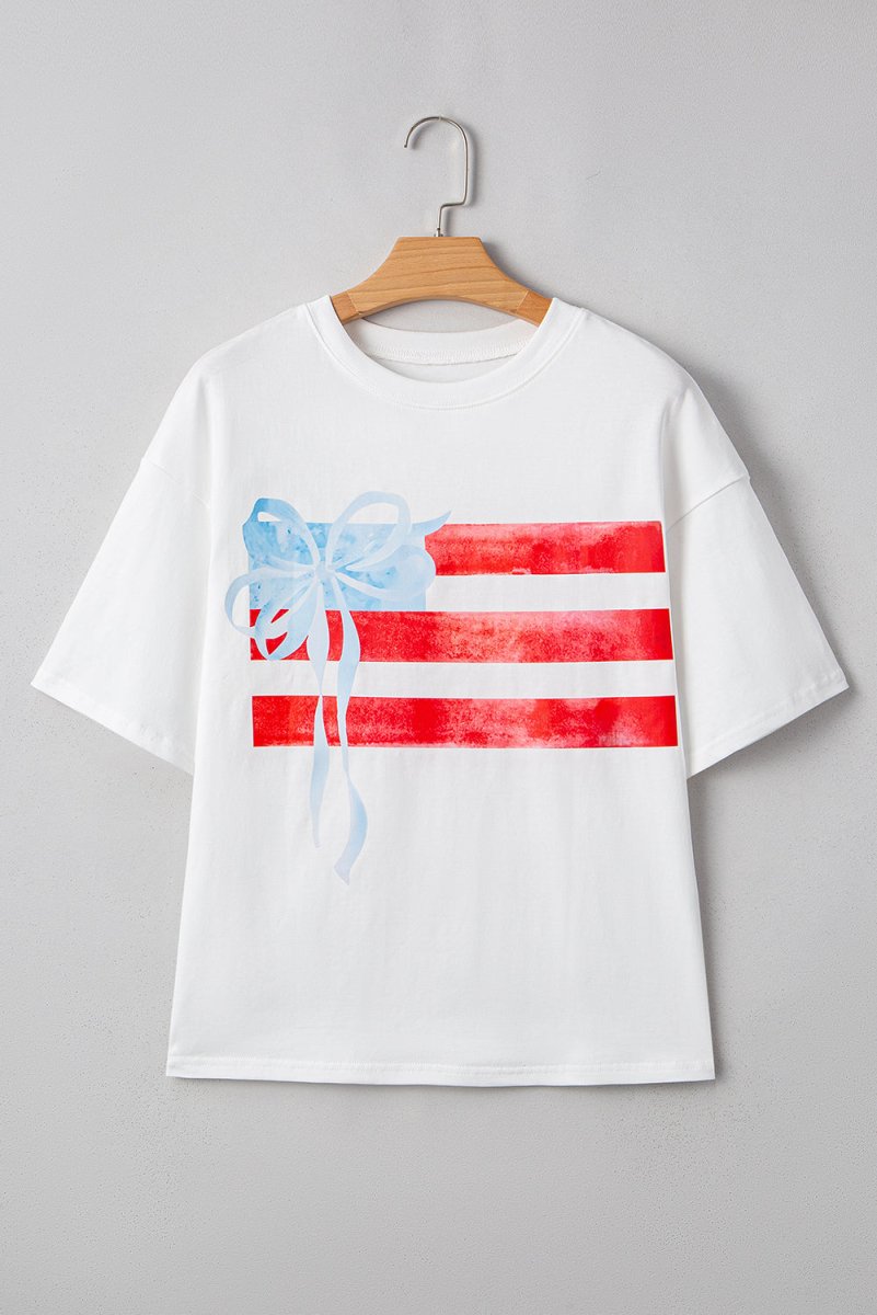 White Flag Bow Graphic Crewneck Tee for Casual Style - Love Salve