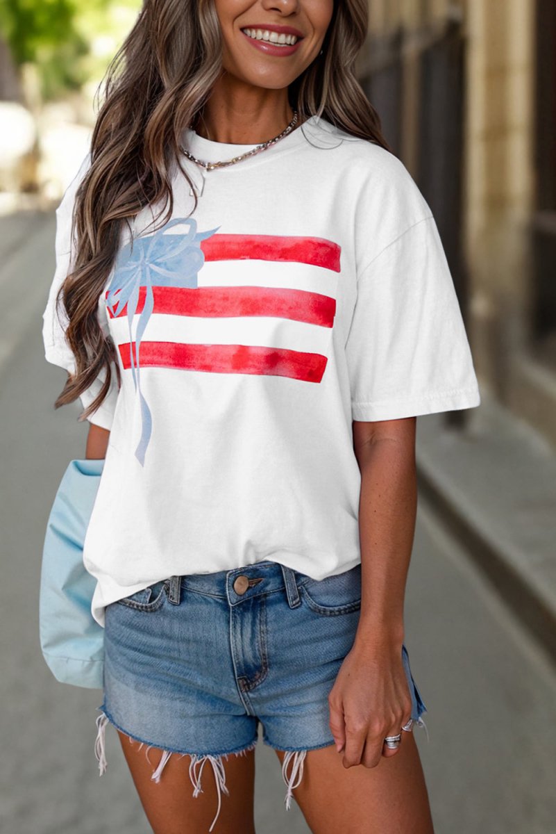 White Flag Bow Graphic Crewneck Tee for Casual Style - Love Salve