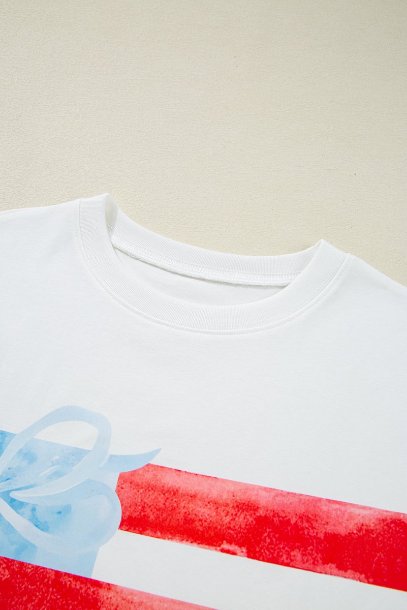 White Flag Bow Graphic Crewneck Tee for Casual Style - Love Salve
