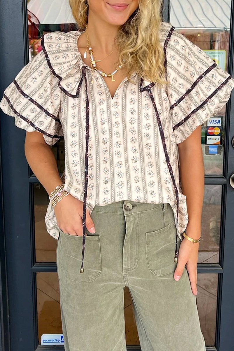 White Floral Ruffled Collar Short Puff Sleeve Blouse - Love Salve
