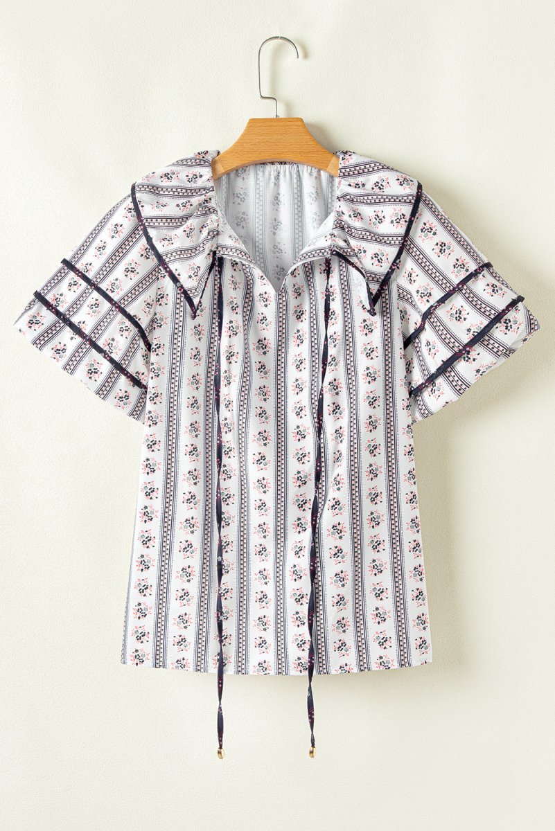 White Floral Ruffled Collar Short Puff Sleeve Blouse - Love Salve