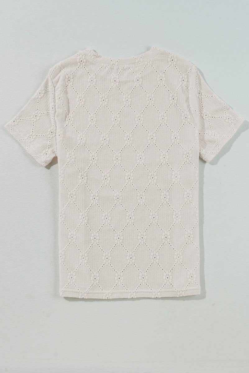 White Geometric Embroidered Slim Fit O Neck T Shirt for Women - Love Salve