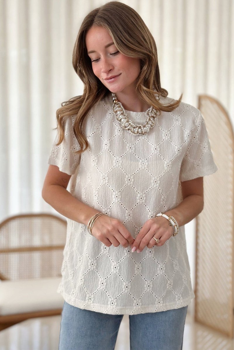 White Geometric Embroidered Slim Fit O Neck T Shirt for Women - Love Salve