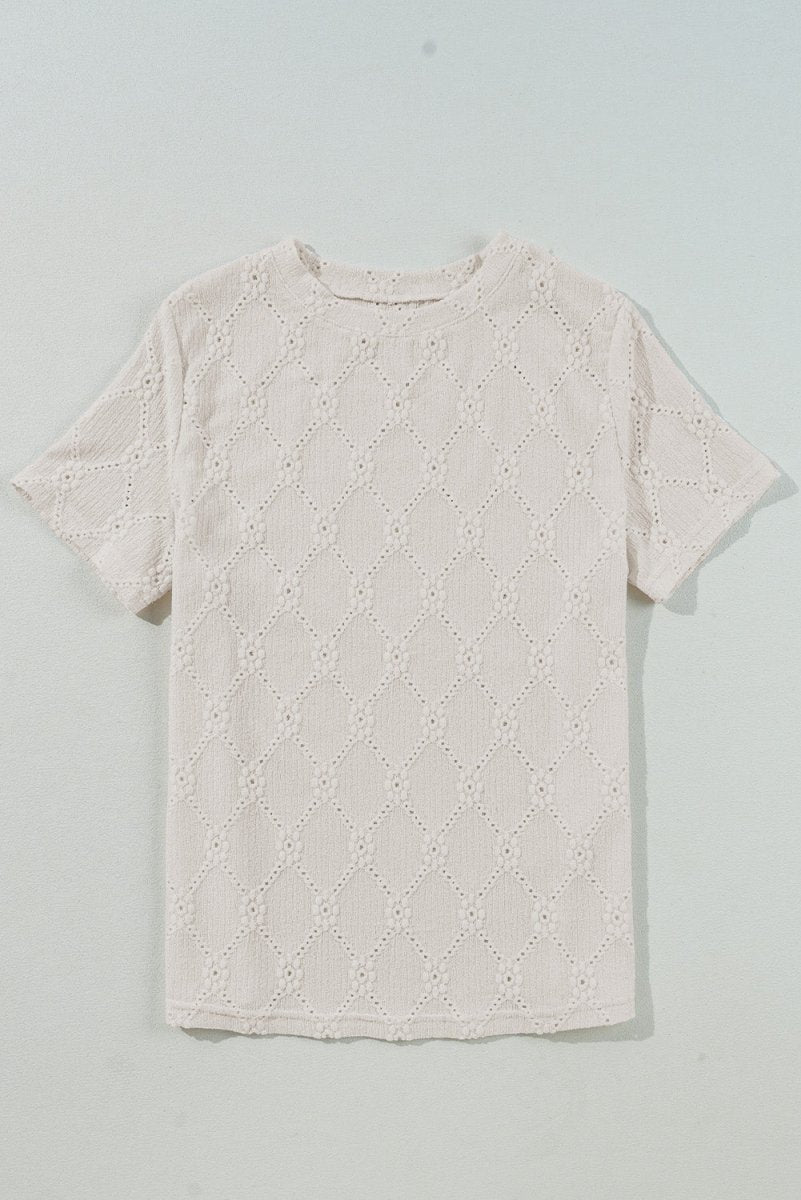 White Geometric Embroidered Slim Fit O Neck T Shirt for Women - Love Salve