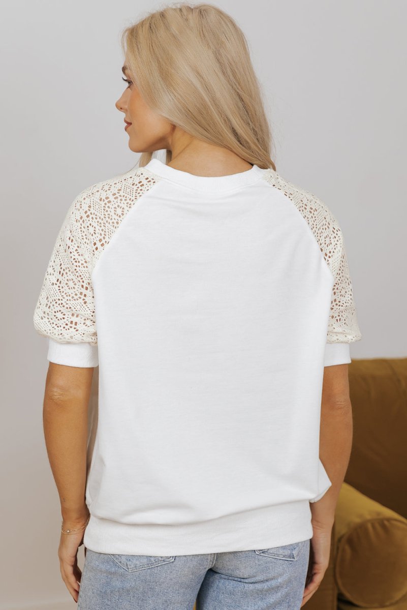 White Lace Crochet Short Sleeve Round Neck T Shirt for Women - Love Salve