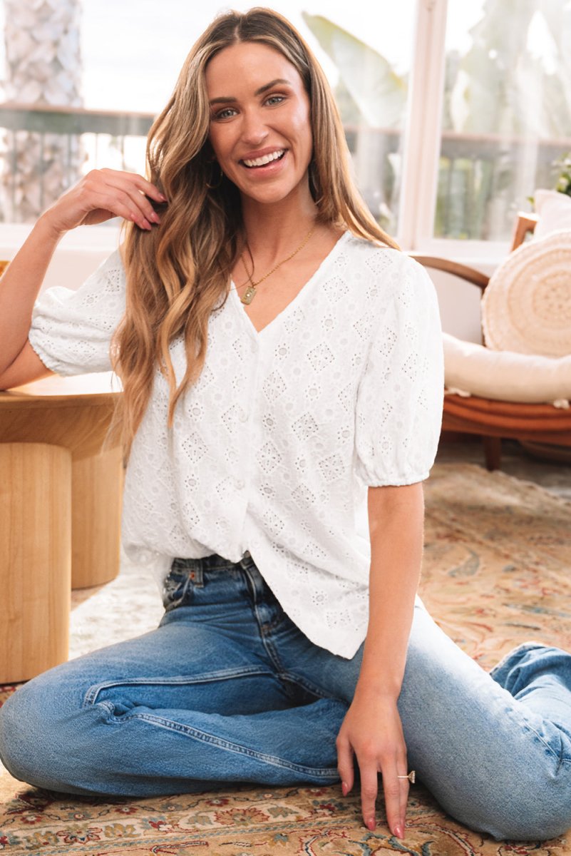 White Lace Puff Sleeve V Neck Button Up Shirt for Women - Love Salve