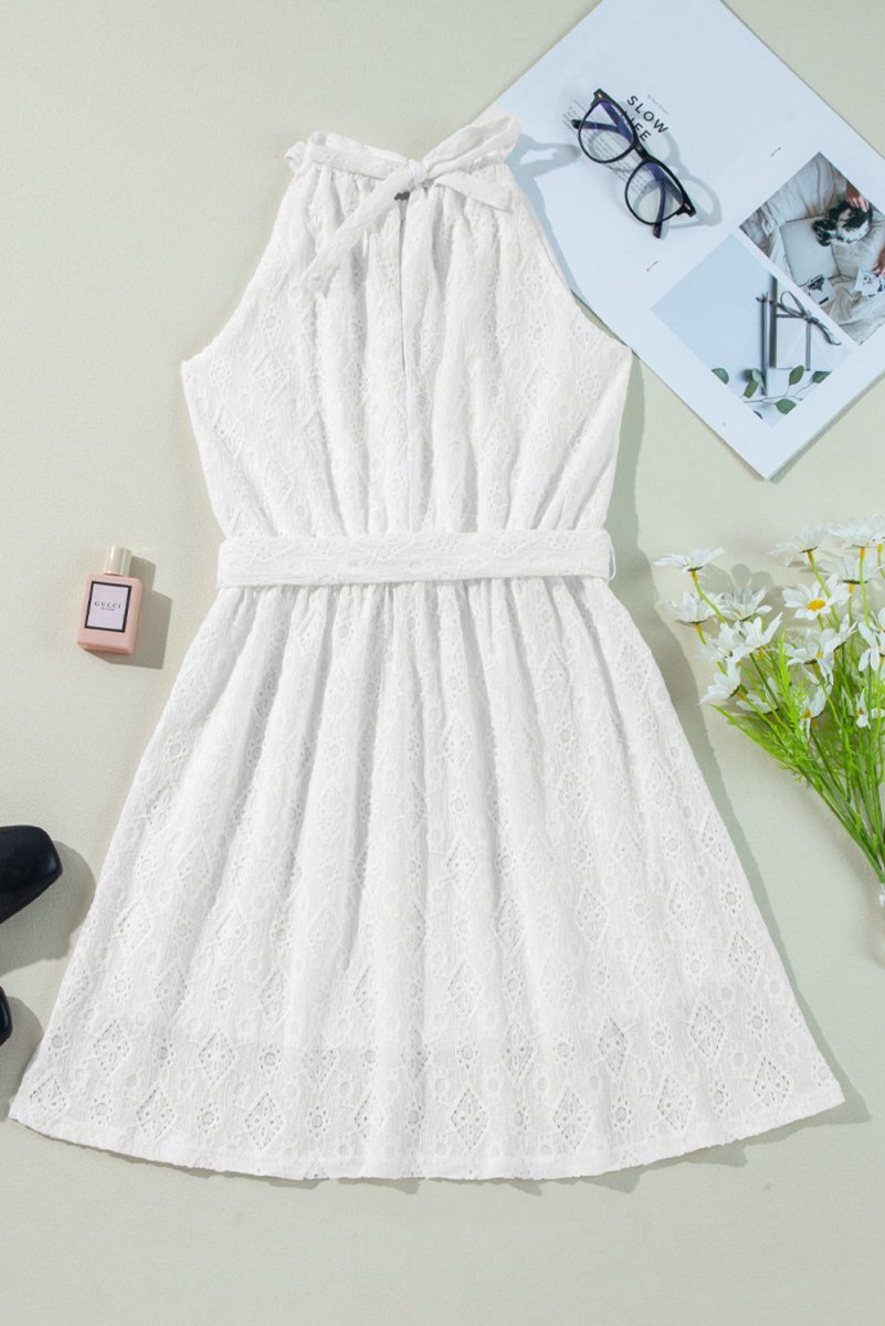 White Lace Sleeveless Knot Hollow Out Back Tied Waist Mini Dress - Love Salve