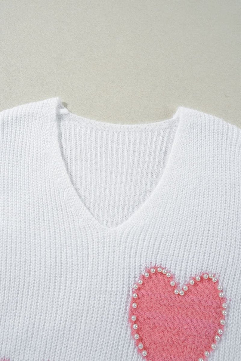 White Pearl Beaded Heart Pattern Fuzzy V Neck Sweater - Love Salve