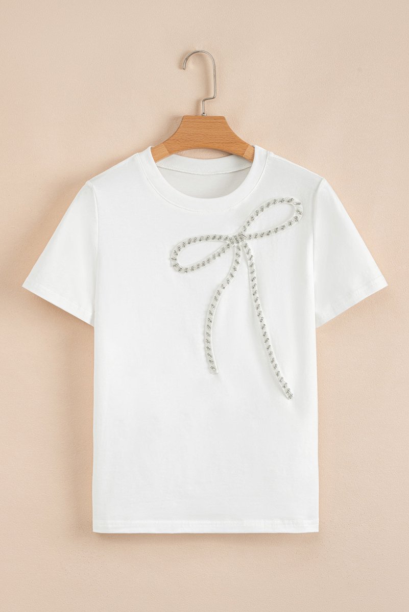 White Rhinestone Bow Embellished Round Neck Tee for Women - Love Salve