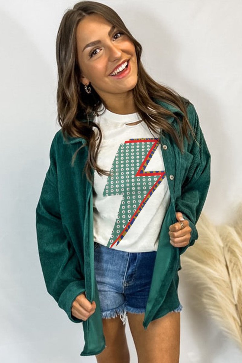 White Rhinestone Decor Bolt Graphic Ripped Western Tee Shirt - Love Salve
