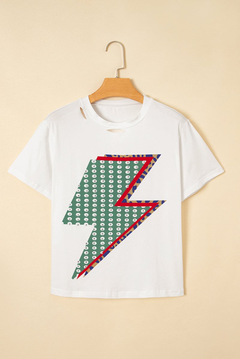 White Rhinestone Decor Bolt Graphic Ripped Western Tee Shirt - Love Salve