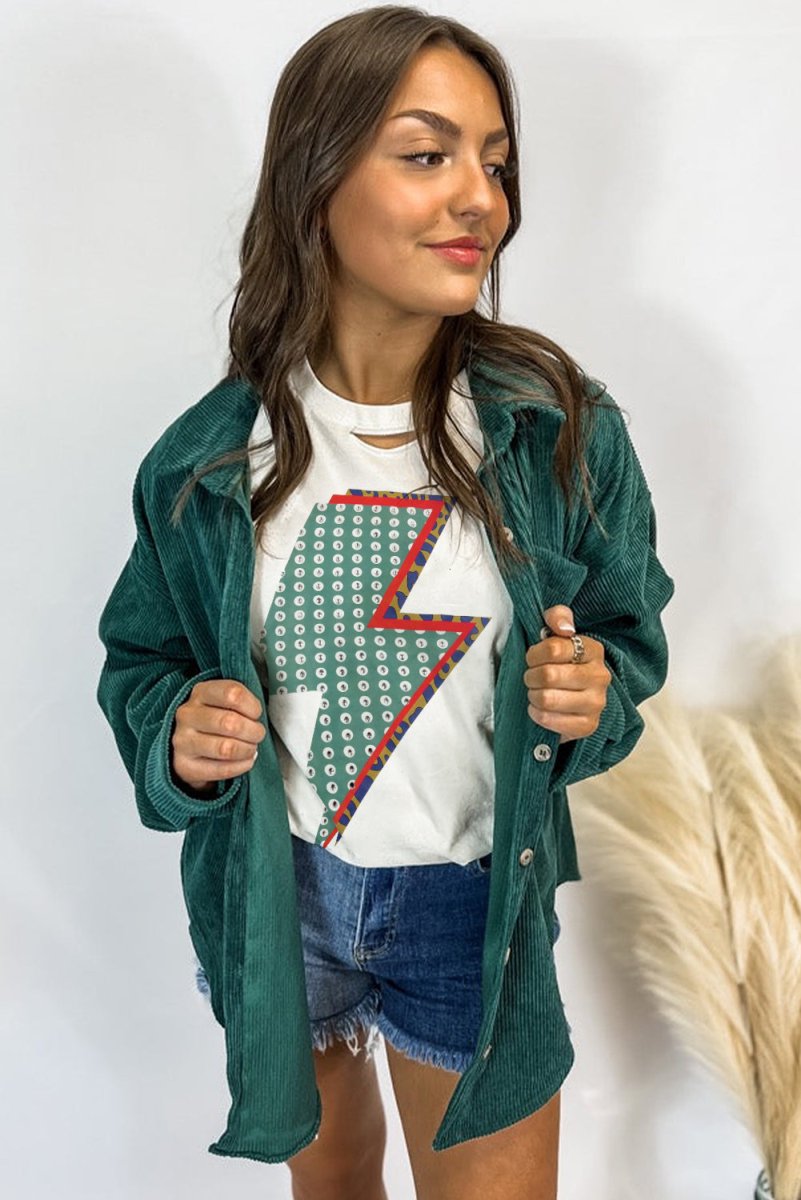 White Rhinestone Decor Bolt Graphic Ripped Western Tee Shirt - Love Salve