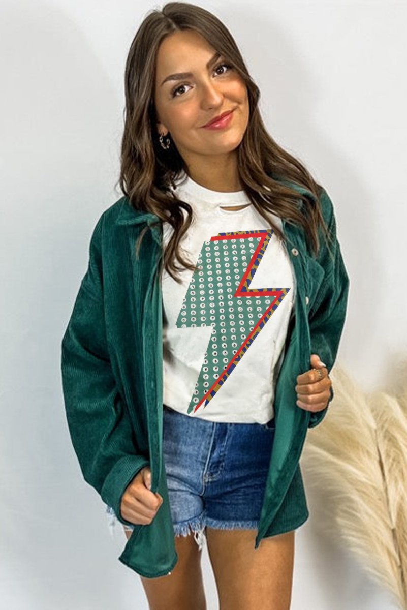 White Rhinestone Decor Bolt Graphic Ripped Western Tee Shirt - Love Salve