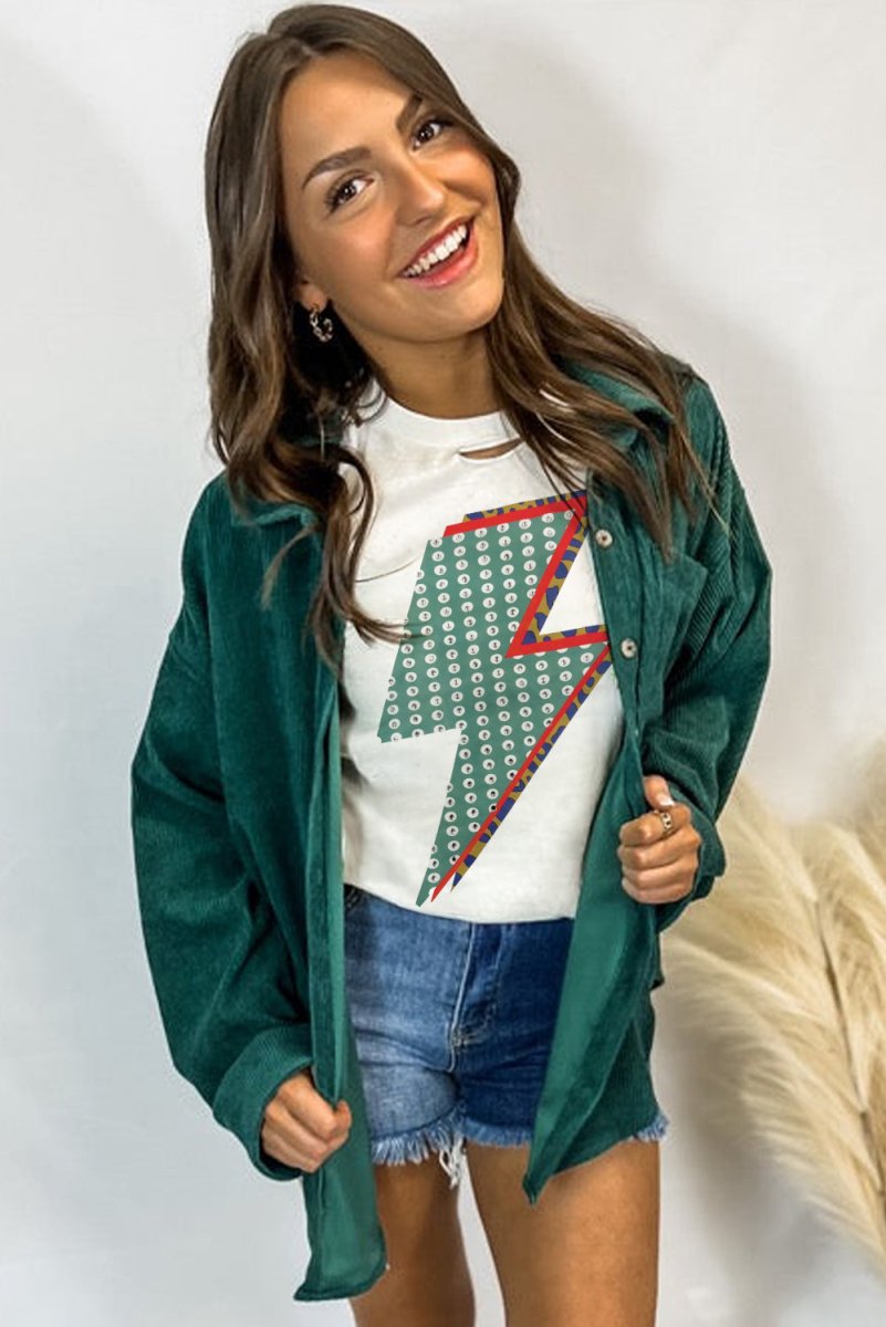 White Rhinestone Decor Bolt Graphic Ripped Western Tee Shirt - Love Salve
