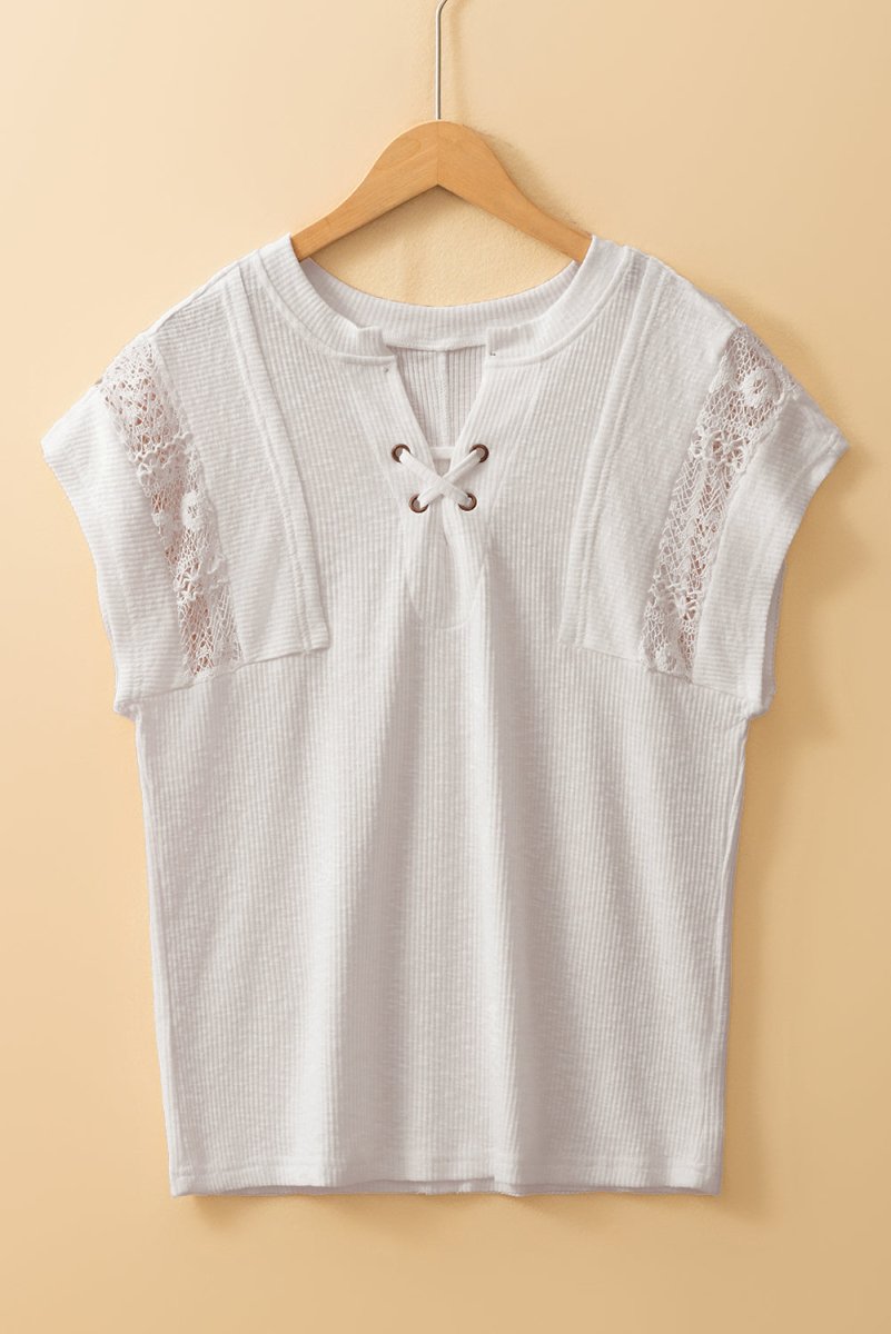 White Ribbed Texture Lace Patchwork Short Sleeve Top for Women - Love Salve