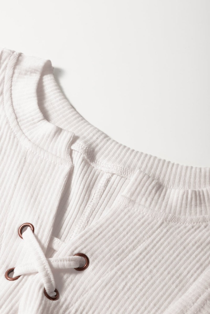 White Ribbed Texture Lace Patchwork Short Sleeve Top for Women - Love Salve