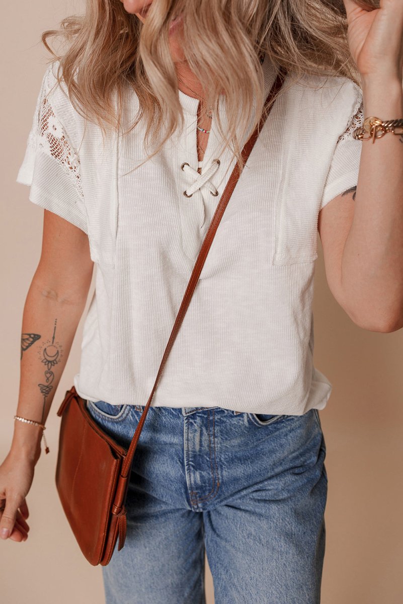 White Ribbed Texture Lace Patchwork Short Sleeve Top for Women - Love Salve