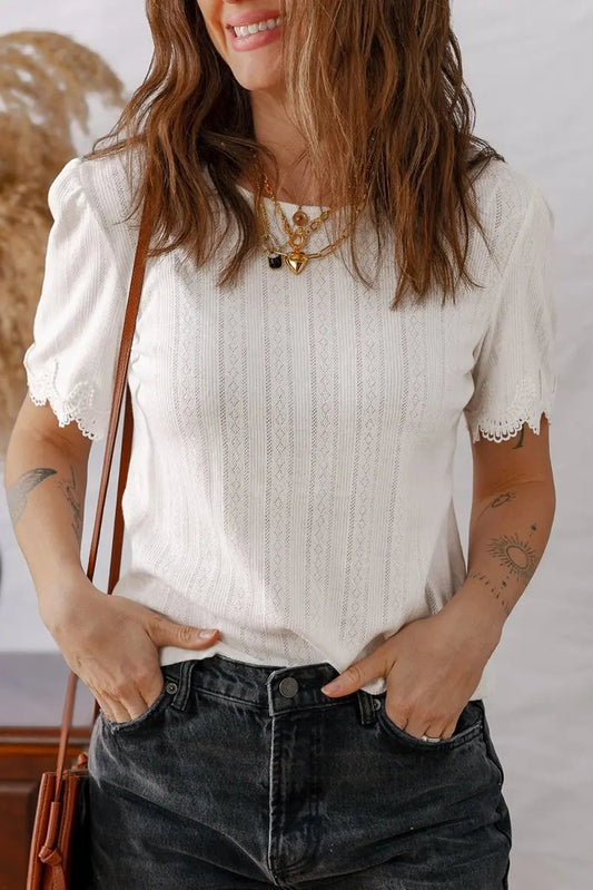 White Scalloped Lace Trim Jacquard Textured T Shirt for Women - Love Salve