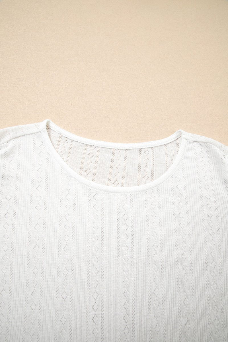 White Scalloped Lace Trim Jacquard Textured T Shirt for Women - Love Salve