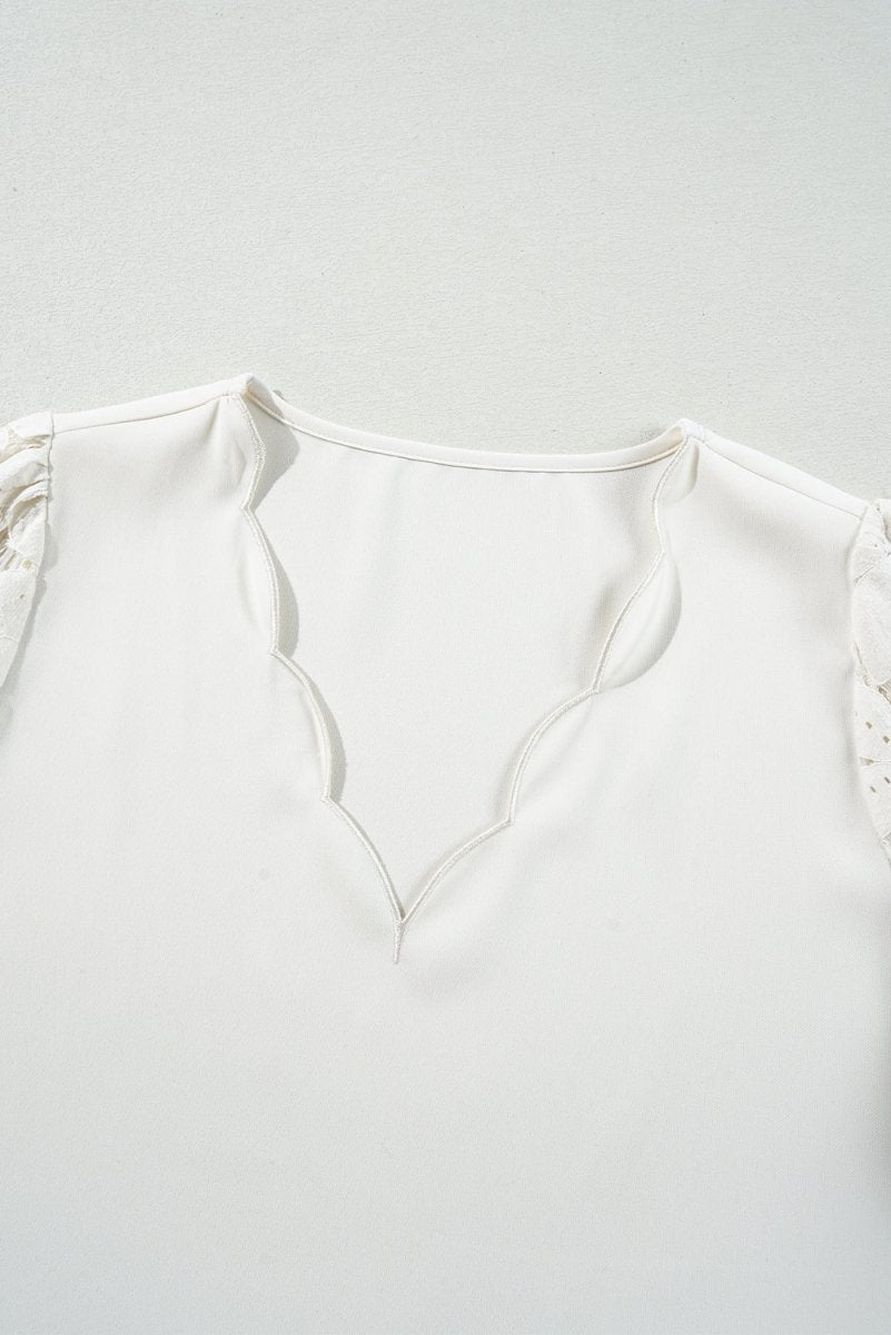 White Scalloped V Neckline Lace Hollowed Lantern Sleeve Blouse - Love Salve