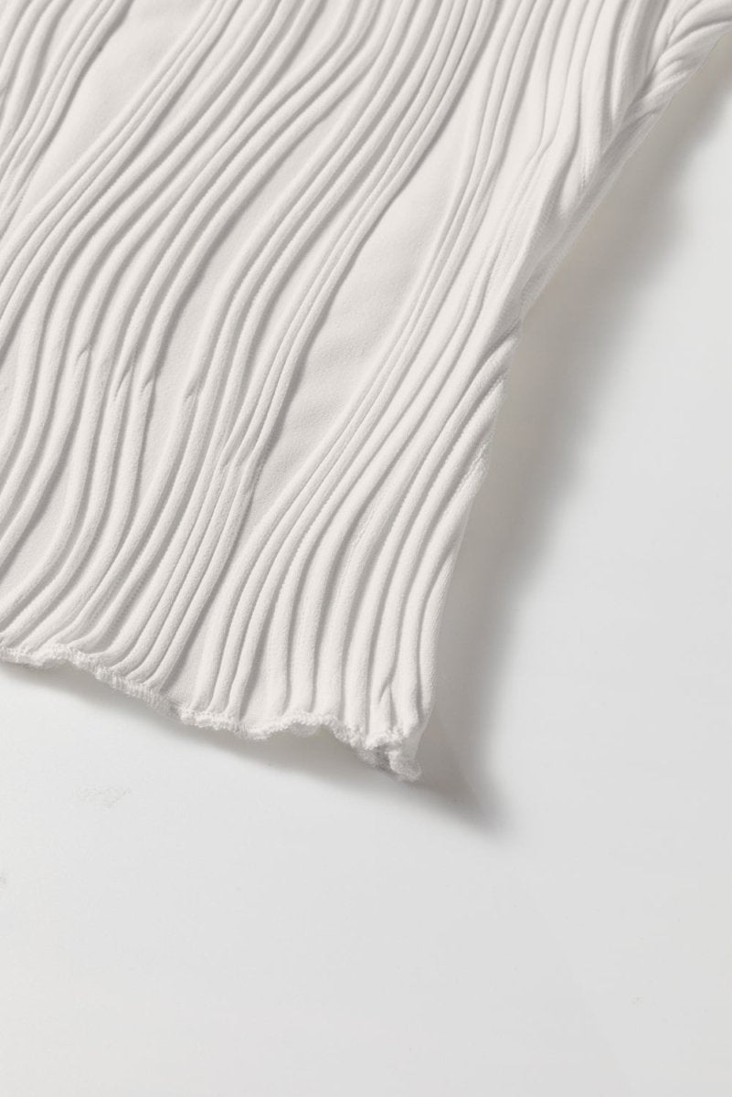White Solid Color Wavy Textured Round Neck Tank Top for Women - Love Salve