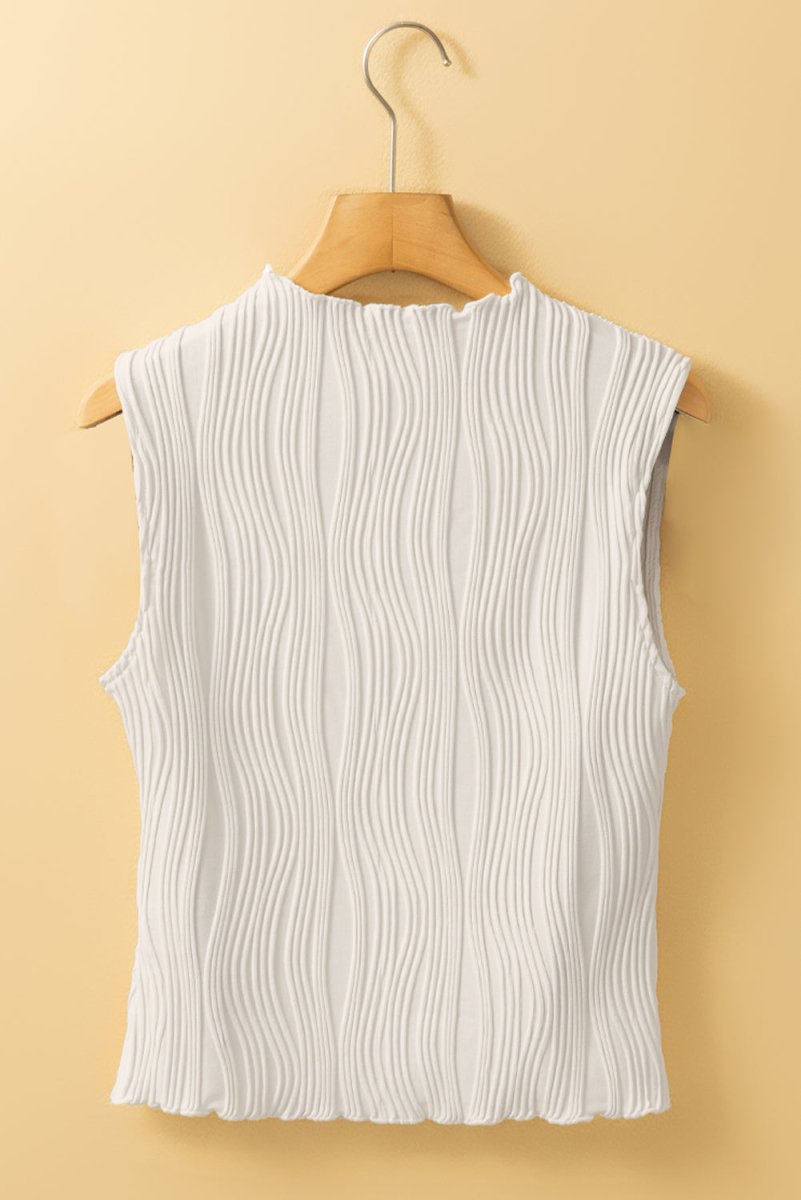 White Solid Color Wavy Textured Round Neck Tank Top for Women - Love Salve