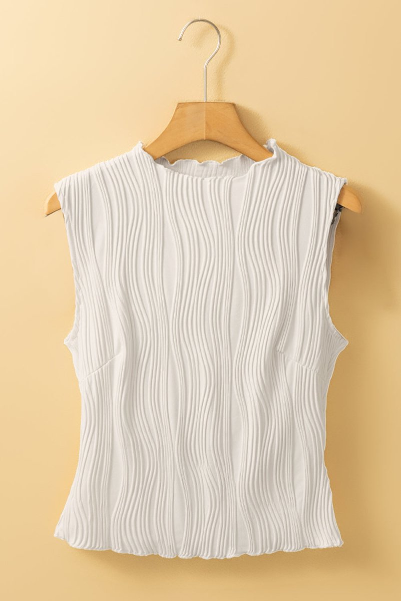 White Solid Color Wavy Textured Round Neck Tank Top for Women - Love Salve