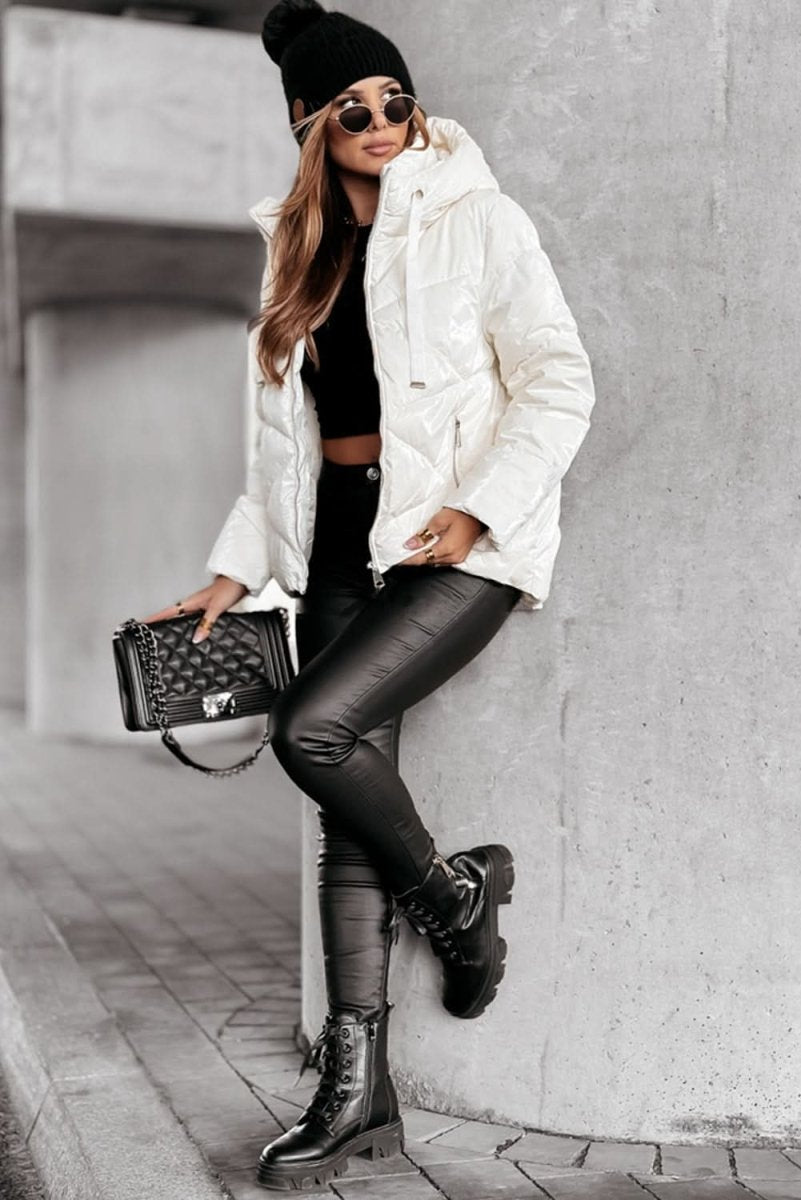 White Solid Quilted Hooded Zip Up Puffer Jackets - Love Salve
