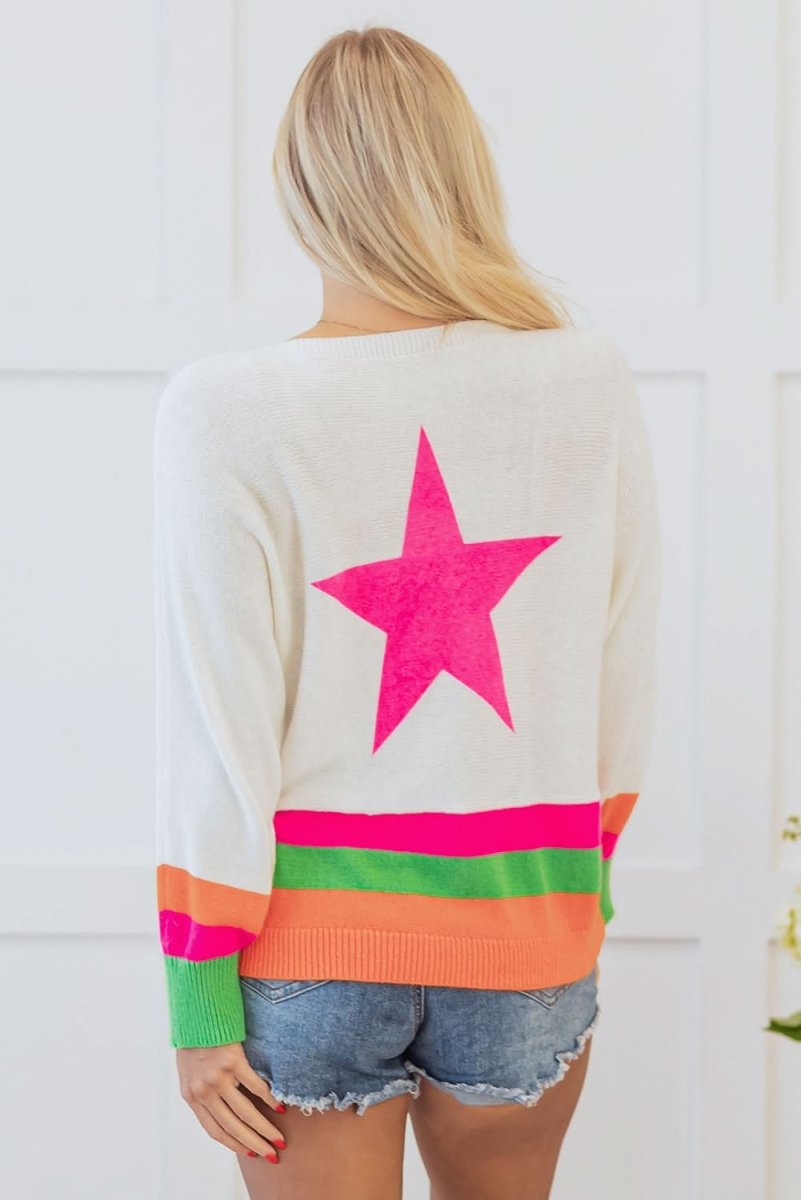 White Star Pattern Colorblock Striped Edge Drop Shoulder Sweater - Love Salve