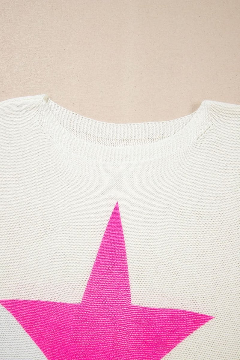 White Star Pattern Colorblock Striped Edge Drop Shoulder Sweater - Love Salve