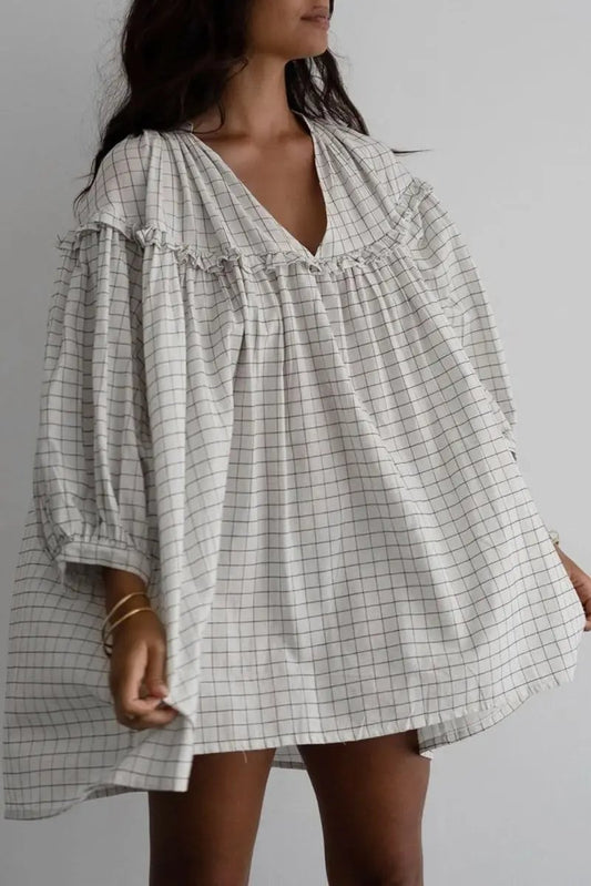White Stripe Checkered Frilled V Neck Bracelet Sleeve Babydoll Dress - Love Salve